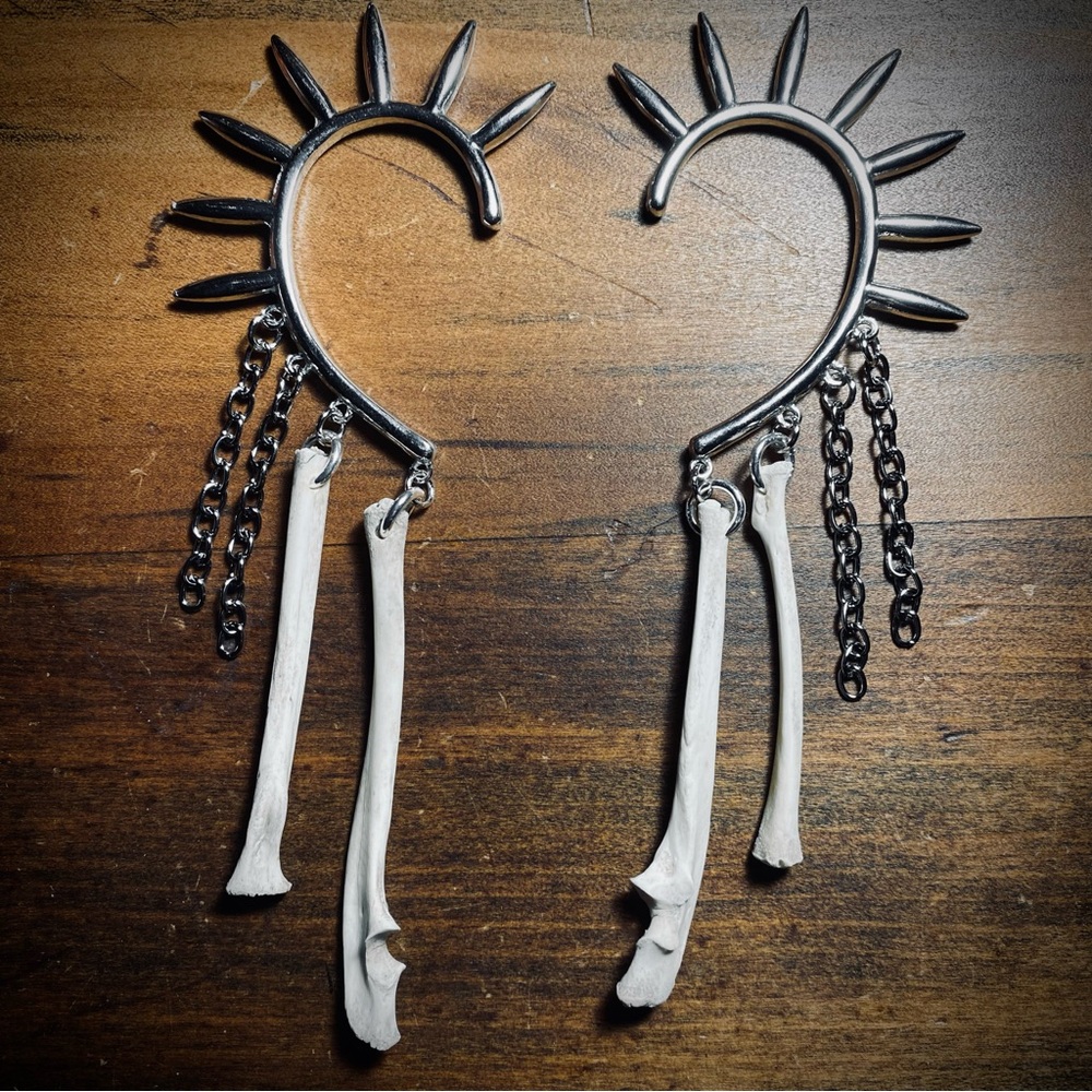 Possum Radius & Ulna Bone Gunmetal Chain Spiked Ear Cuffs
